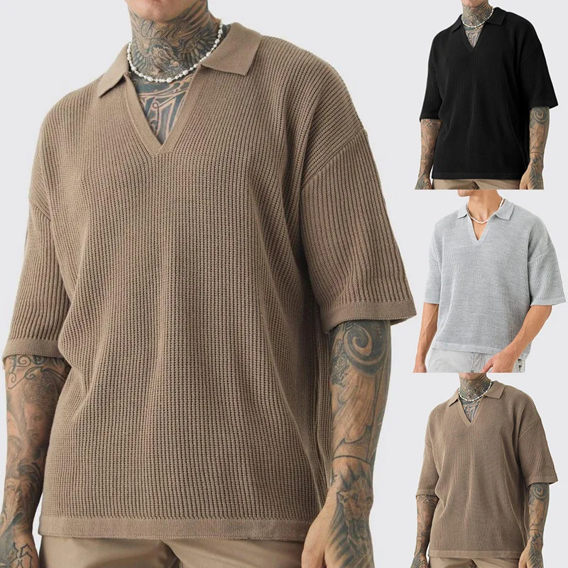 Spring And Summer New Men's Short-sleeved Top, Casual Lapel Small V-neck Fashion Shirt Men's