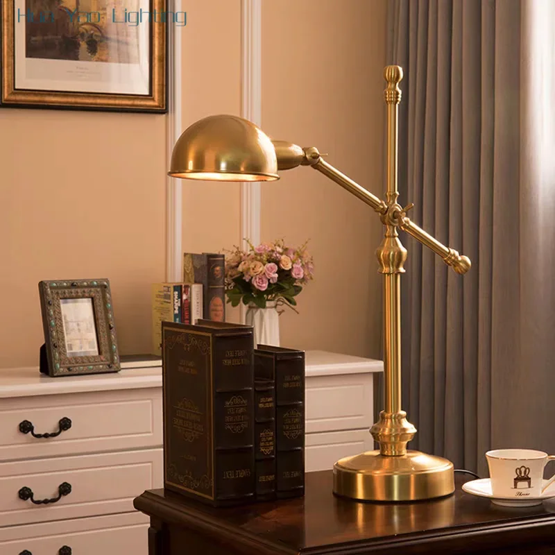 French Retro Desk Lamps Copper Study Work Table Lamp Metal Room Decorative European Eye Protection Lighting for Bedroom Bedside
