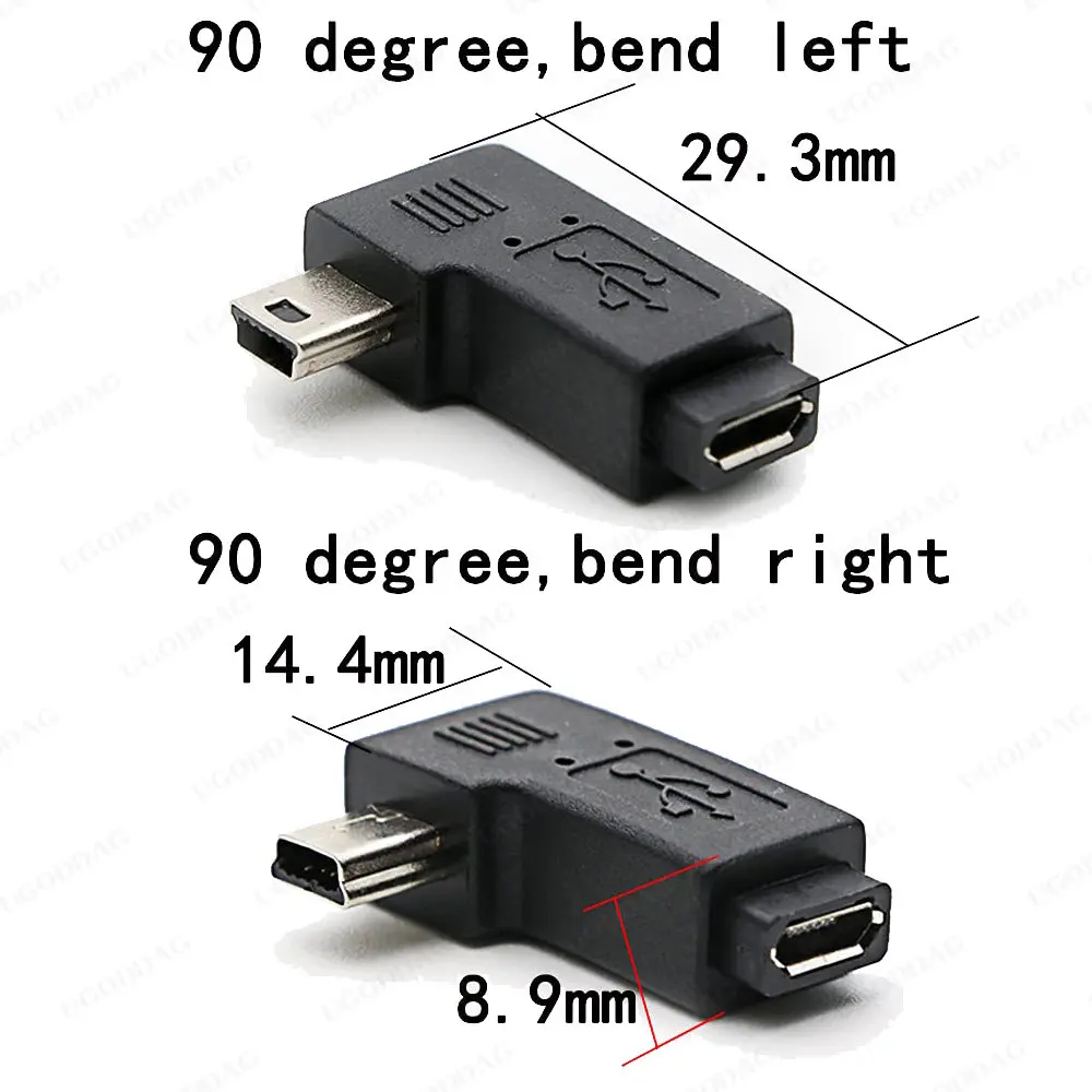 New Mini USB to Micro USB Adapter Plug 90 Degree Left&Right Angle Micro USB Male to Mini USB Female Type B Connector Charge Data