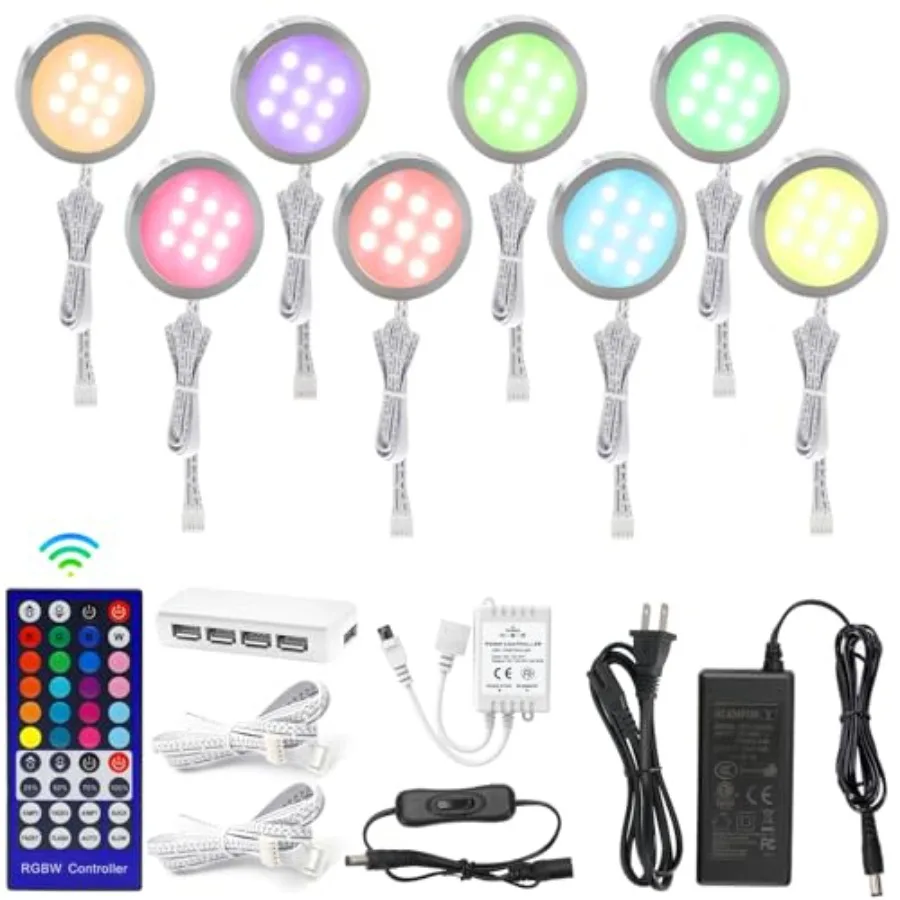 

LED Puck Lights Wired Color Changing Multicolor Under Cabinet Lighting with Remote Dimmable Display Case Lights 8 Pack for Cabi