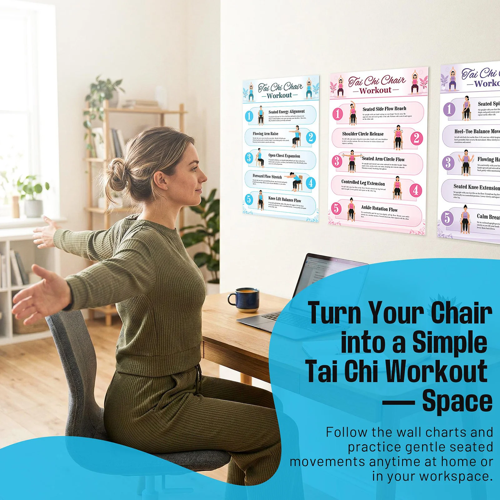 Home Gym Guide - 6-delige Tai Chi-stoeltrainingsposter met oefengids en