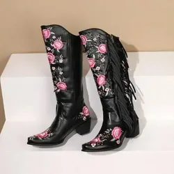 Cowboy Boots for Women Fringe Embroidery Flower Sweet Western Boots Cowgirls Roman Block High Heeled Shoes Autumn 2025