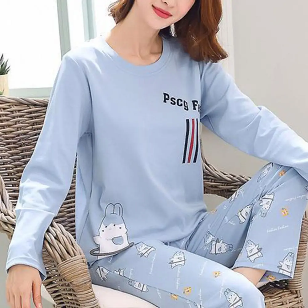 Warm Women Two-piece Pajama Set Cozy Women\'s Cartoon Rabbit Pajama Set Stylish Round Neck Top Elastic Waist for Fall/winter