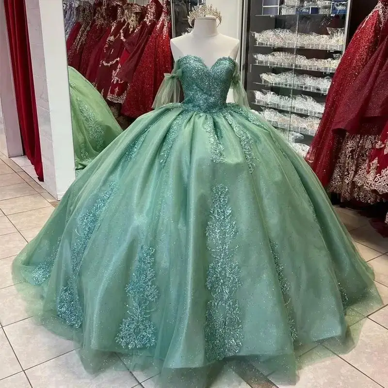 Customized Green Gliitering Green Quinceanera Dress Tulle Off-Shoulder Luxury Lace Vestidos De 15 Anos Birthday Party Princess