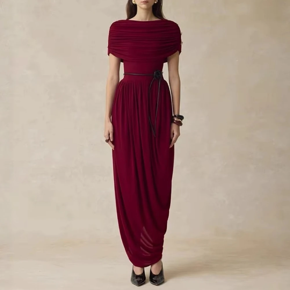 

Elegant Wine Red Pleated Irregular Knitted Evening Dresses Celebrity Dress Exquisite High Quality Prom Party Gowns Customized