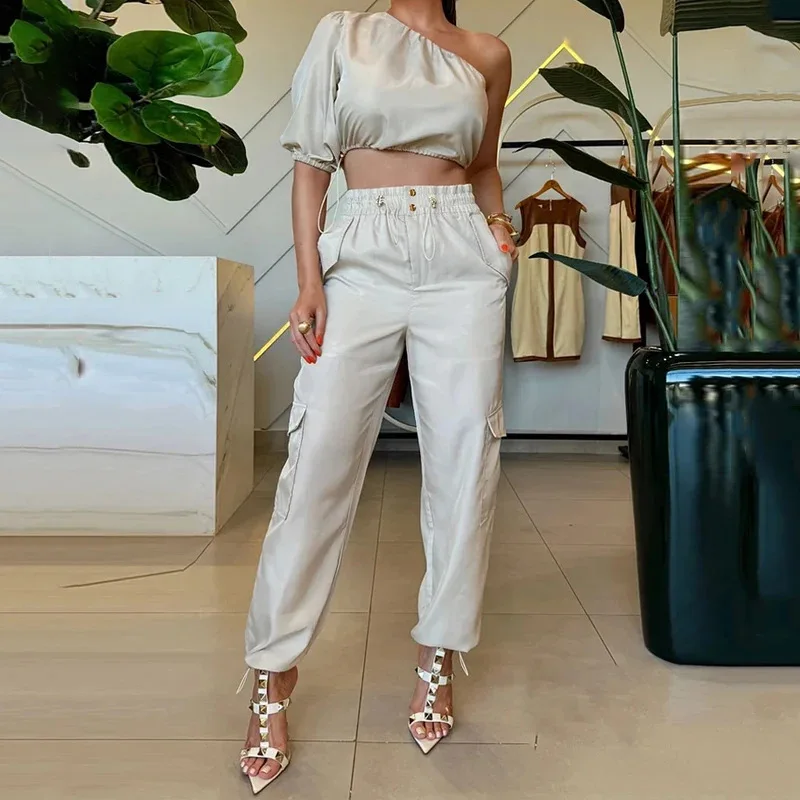 

Pant Set Women Two Piece Sets Slim Fit Solid One Shoulder Skew Collar Puff Sleeve Short Tops High Waist Cargo Long Pants