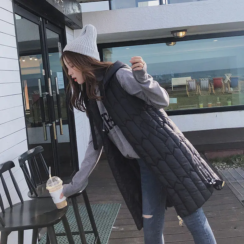 

2025 Korean New Fashion Solid Color Lightweight Hooded Coat Women's Autumn Winter Down Cotton Mid Length Over Knee Vest Coat