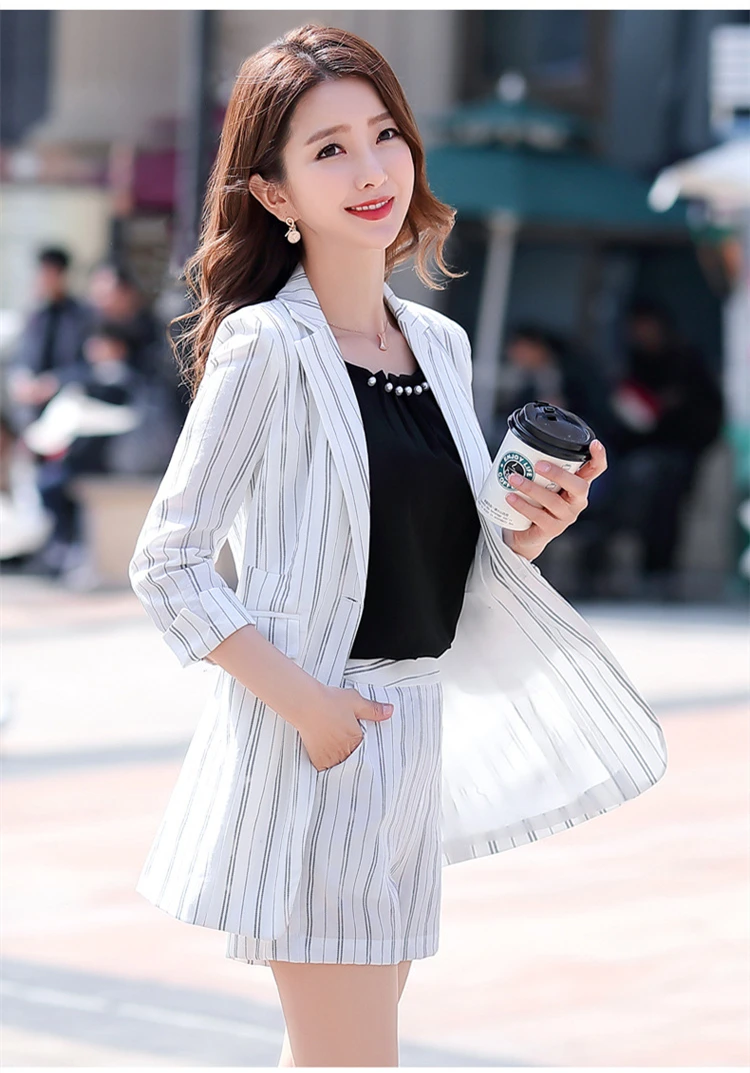 

new spring summer office lady plus size brand female women girls Stripes coat shorts sets suits clothing