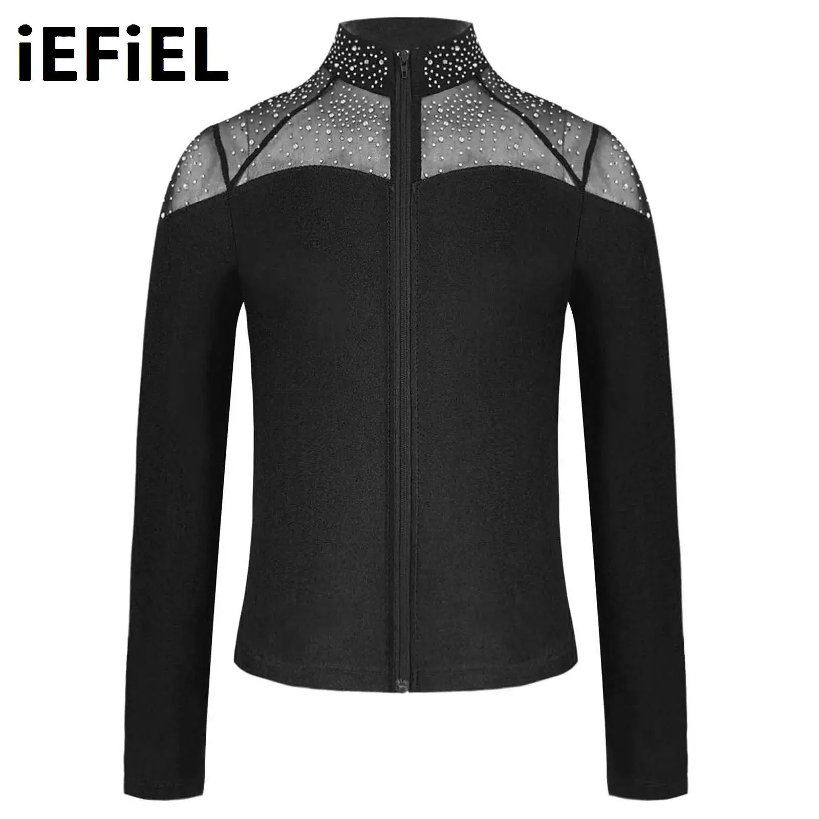 

Kids Girls Figure Skating Dance Tops Shiny Rhinestones Mesh Sport Tops Stand Collar Zipper Sweatshirt for Gymnastics