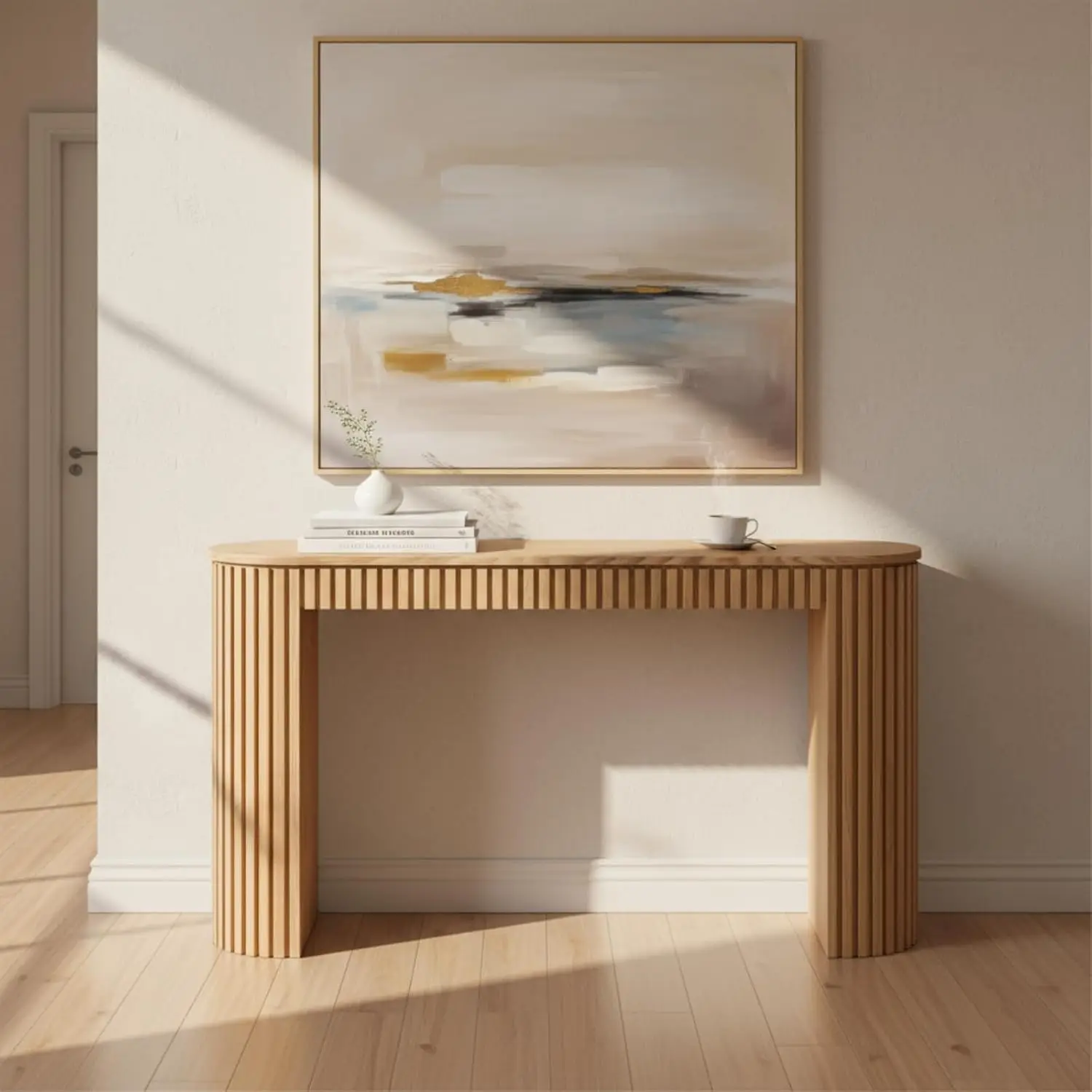 Wood Fluted Console Table with Drawer, Narrow Sofa Table, Oval Entry Table for Living Room Hallway, 59 inch, Customized view 5