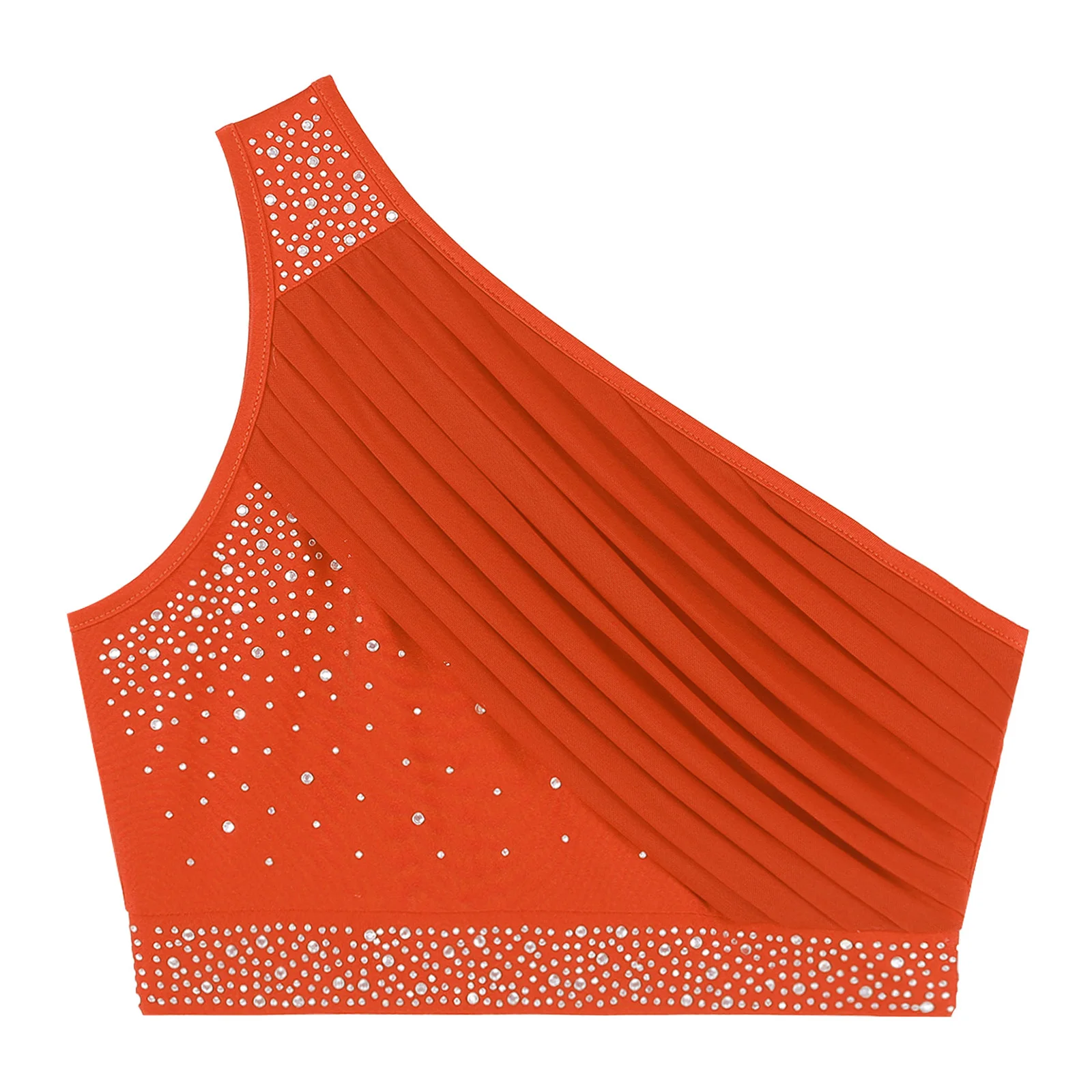 Women Modern Lyrical Dance Performance Costume One Shoulder Ruched Rhinestone Crop Top for Skating Gymnastics Latin Ballroom