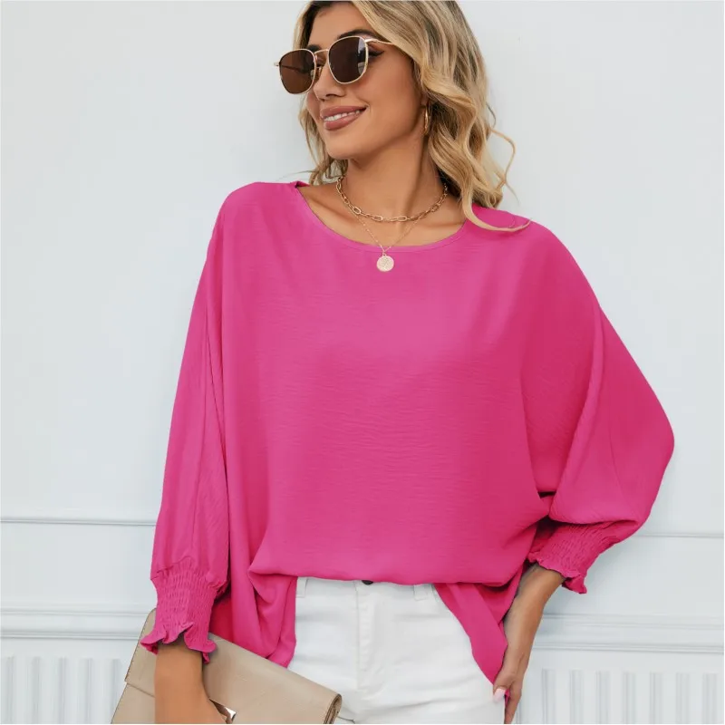 Women\'s New Loose Seven Quarter Sleeve Chiffon Top Wish Women\'s Solid Color Pink Round Neck Pullover Shirt Femme Blusas 2024