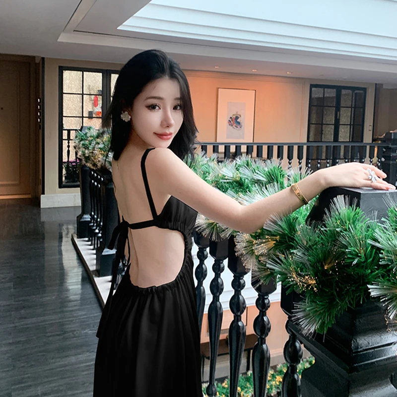 

2023 New Summer Solid White Sexy Dress for Women Party O-Neck Midi Chic Beach Lace-Up Black Elastic Waist Spaghetti Strap