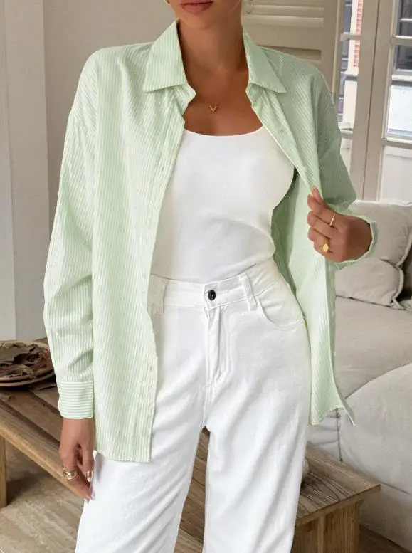 Women's Shirt Spring Summer Classic Style Fashion Commuting Style Striped Print Lapel Button Front Placket Long Sleeved Shirt