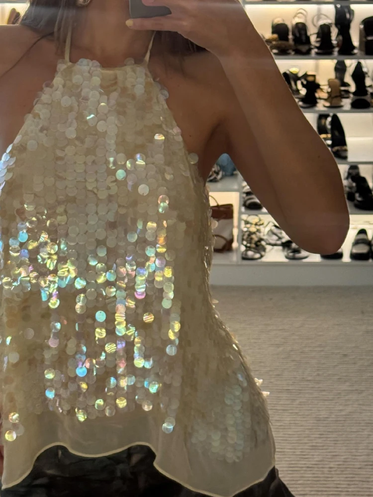 

Летняя элегантная открытая спина на шнуровке с открытой спиной, сексуальная клубная блузка без рукавов с лямкой на шее, 2026, женская модная однотонная рубашка с блестящими пайетками