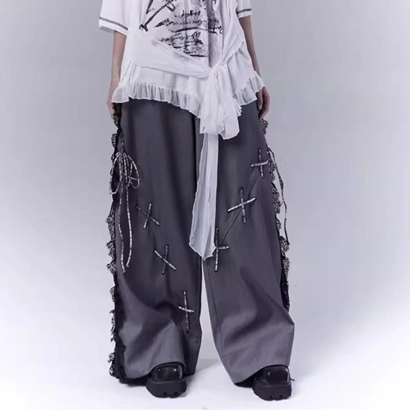 Chic Hollow Elegant Lace Splicing Lace-up Leisure Dark Gray Trousers Spring Summer Girls Simple Street Versatile Wide-leg Pants