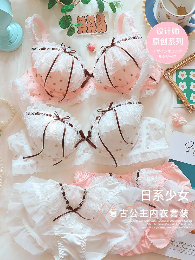 Japanisches Anime-BH-Set, Kawaii, süße Spitze, Bügel, Bralette, leicht, Push-Up, Sammeln, reiner sinnlicher Look, Mädchen-Herbst-Winter-Mode