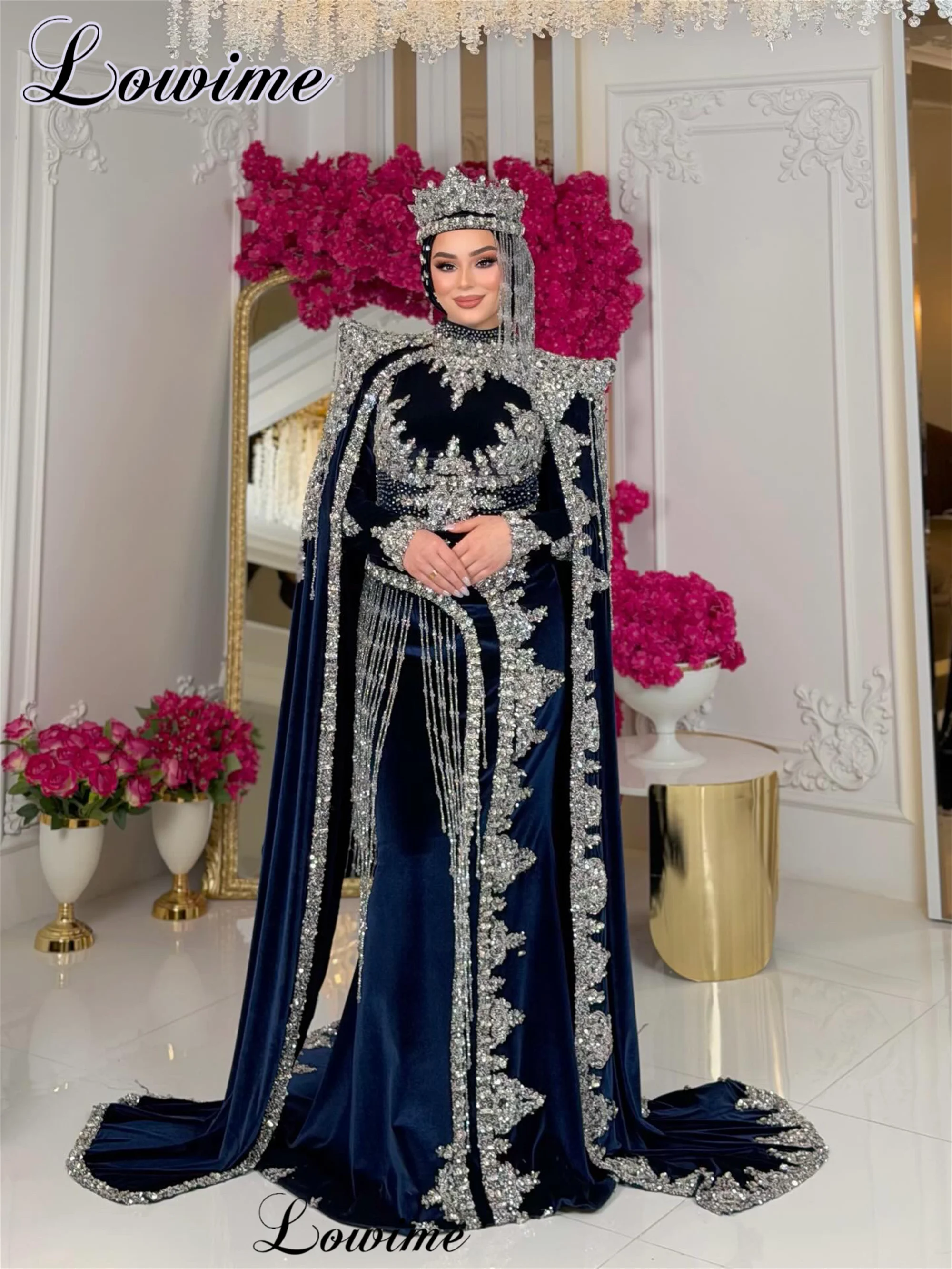 Formelle marineblaue Abendkleider aus Samt, Meerjungfrauen-Stil, muslimische Kristall-Ballkleider, Hochzeitspartykleider, Robes De Soirée, individuell gestaltet