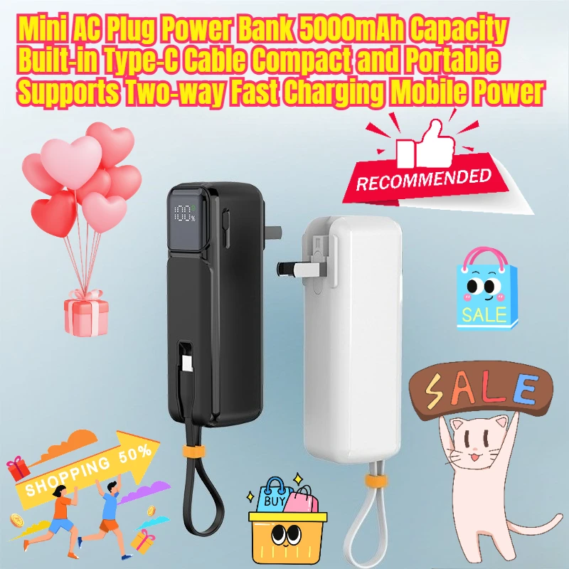 

Mini AC Plug Power Bank 5000mAh Capacity Built-in Type-C Cable Compact and Portable Supports Two-way Fast Charging Mobile Power