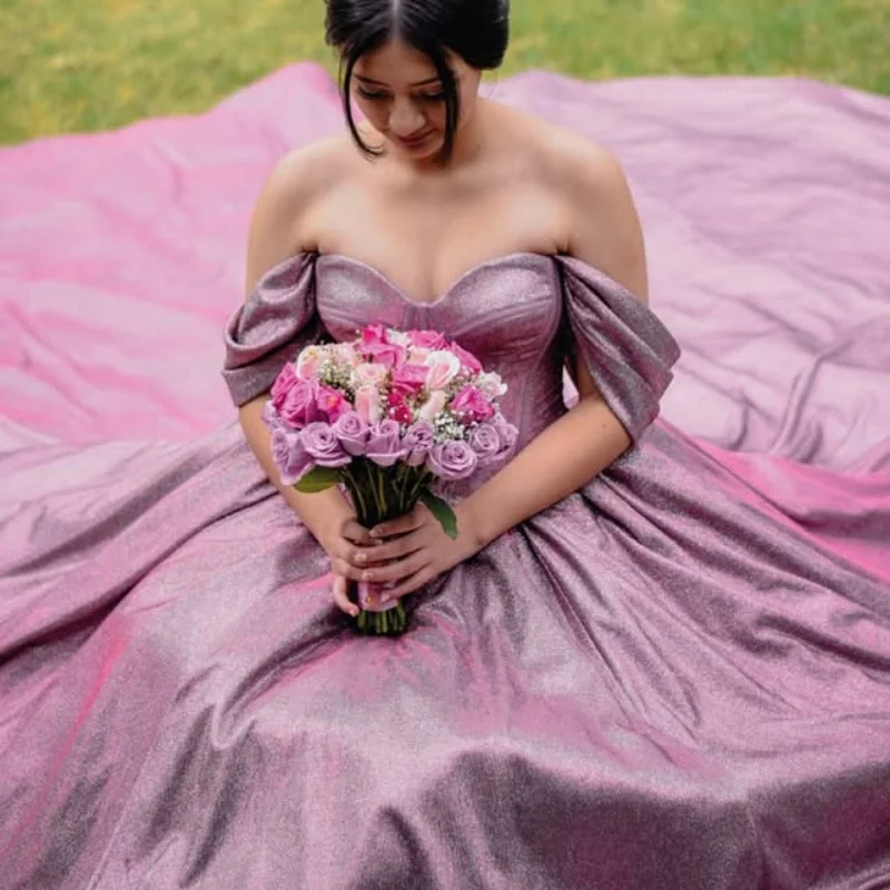 

Customized Shiny Purple Quinceanera Dresses Off the Shoulder Tull applique Long tail Vestido De 15 Quinceanera