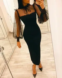 Women Solid Elegant Long Sleeves Mesh Patch Casual Round Neck Maxi Sexy Formal Party Black Dresses