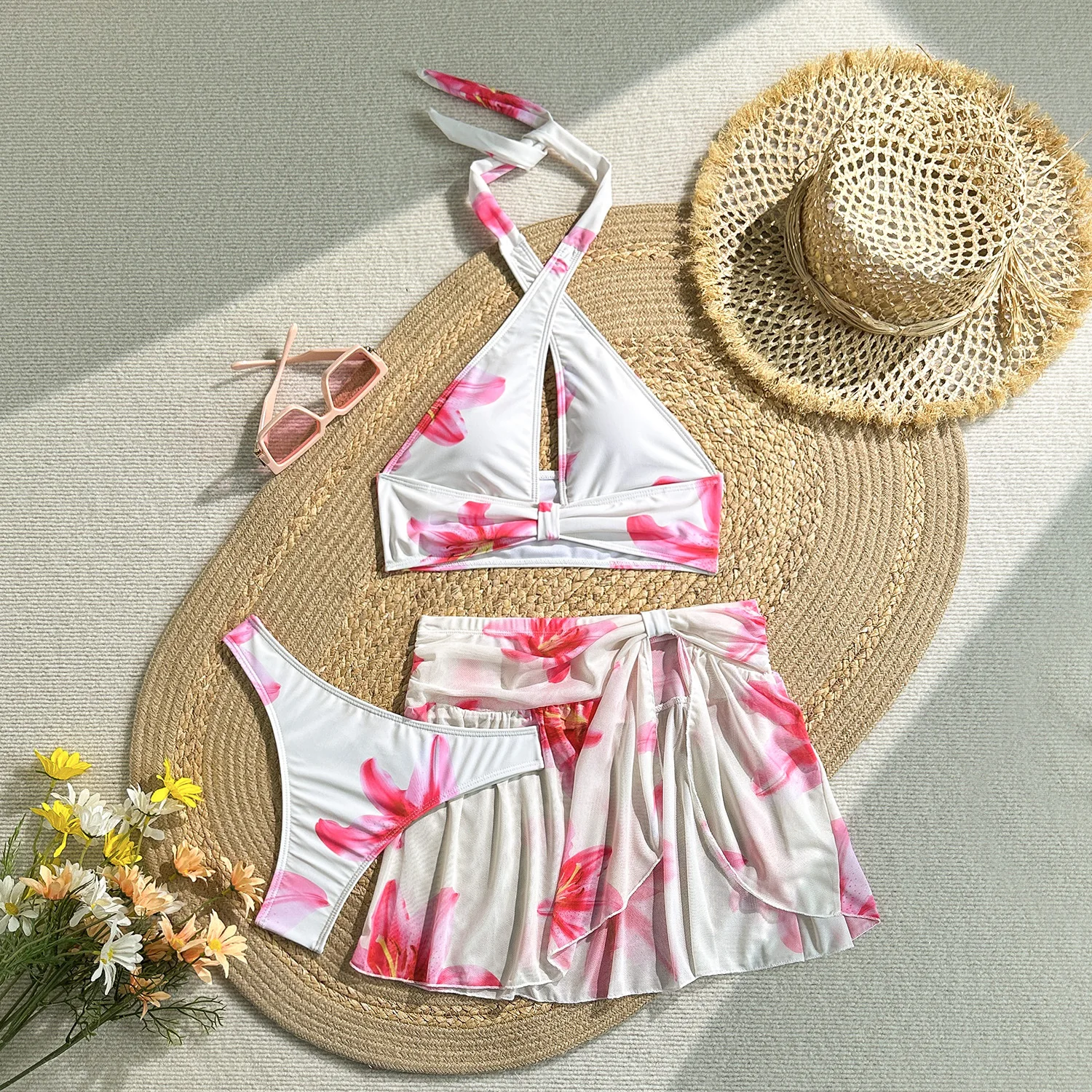 Sexy fleur imprimé bikinis ensembles 3 pièces avec maille fendue mini jupe maillots de bain maillot de bain tenues de plage maillots de bain biquini tankini
