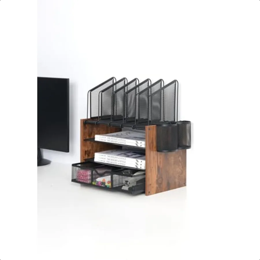 

4Tier Mesh Desk Organizer with Wooden File Holders 5 Vertical Slots 2 Pen Compartments and a Drawer Desktop Storage Solution fo