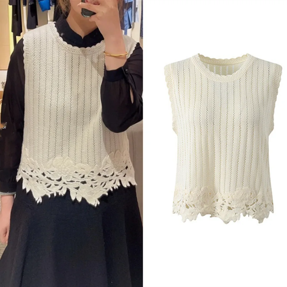 

High-End European Sle Summer Hook Flower Hollow out round Ne Svel Knitted Vest Women's Outerwear Top