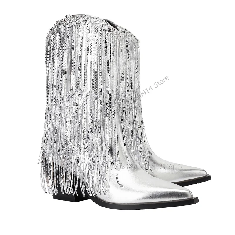 

Silver Sequins Tassels Giltter Pointed Toe Boots Slip On Women Shoes Chunky High Heels Fashion Banquet 2023 Zapatos Para Mujere