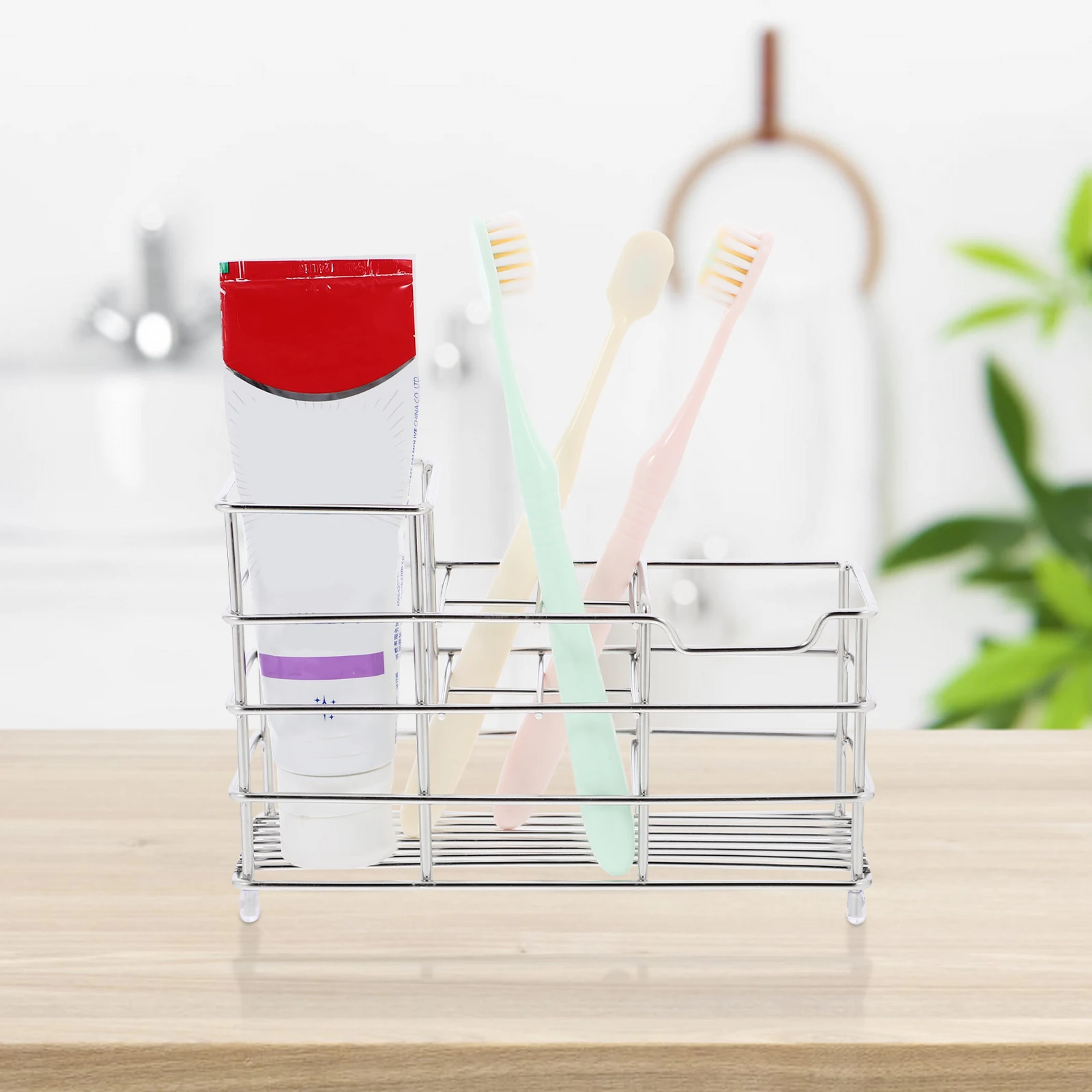

Simple Design 304 Stainless Steel Toothbrush Toothpaste Holder Bathroom Rack Countertop Organizer Metal Stand
