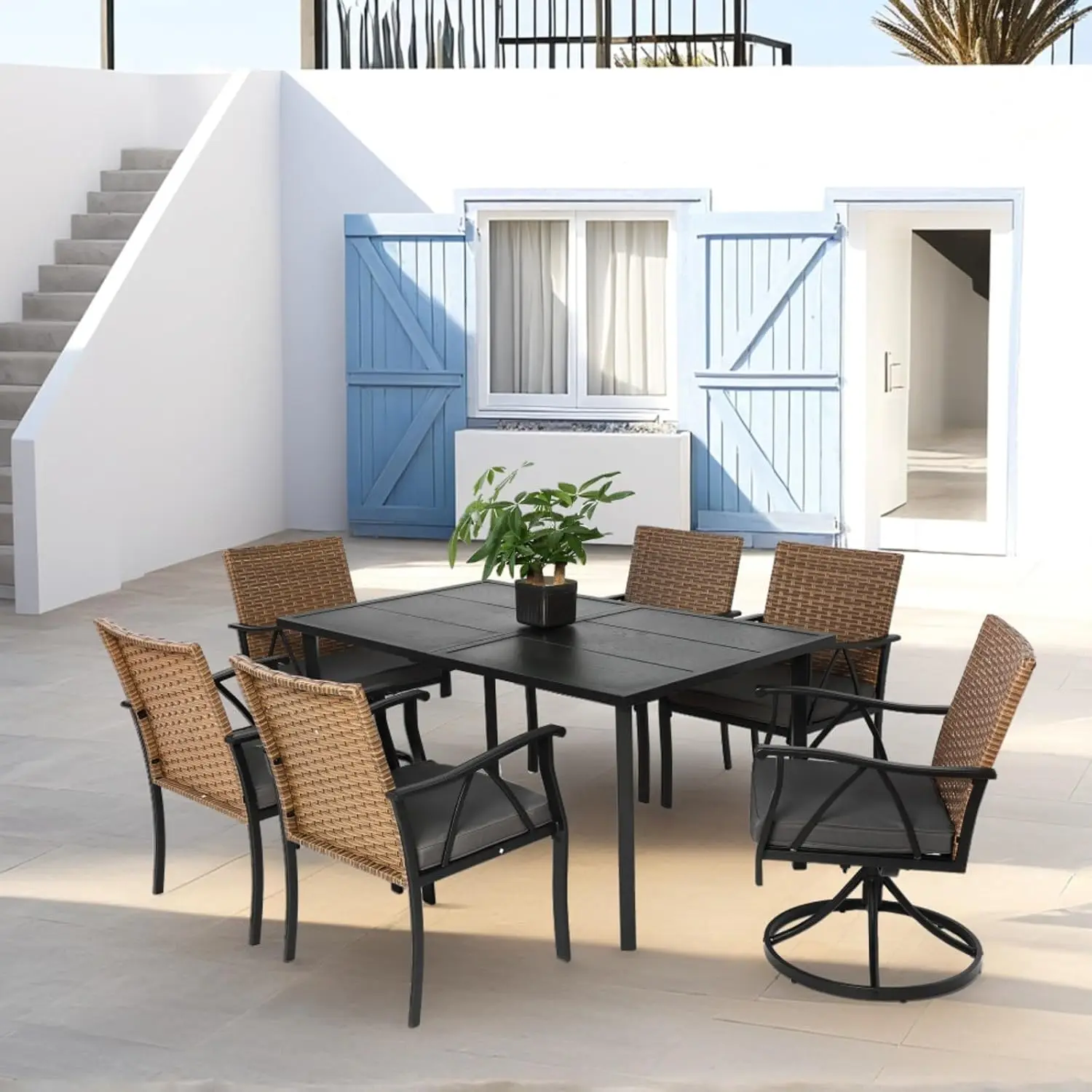 Outdoor Patio Dining Set With Rattan Table & Wicker Chairs, All Weather With Removable Cushions For Garden Balcony, Customized
