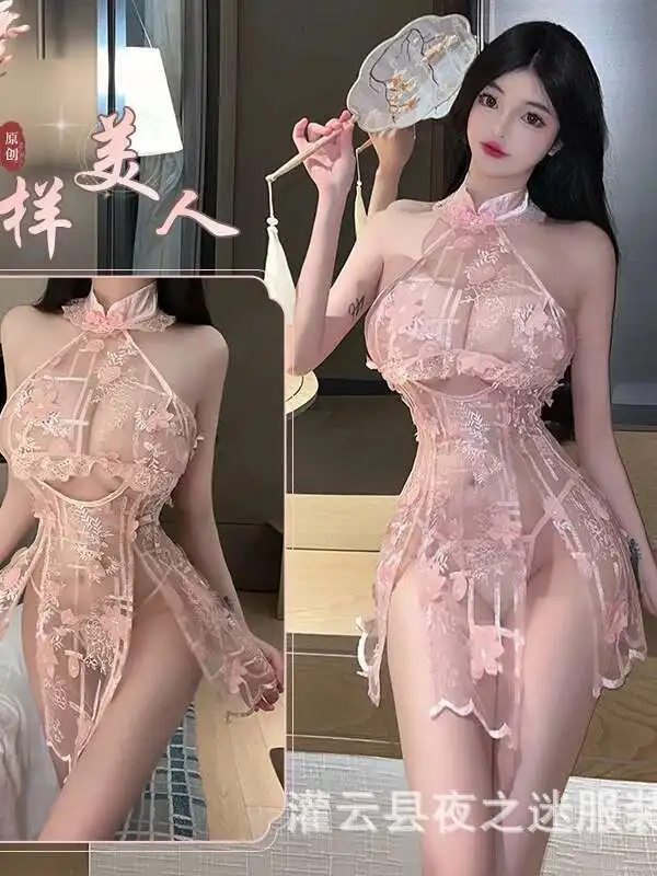 Cheongsam Mesh Lace Mini Dress Halter Neck Sheer Transparent Sweet Tops High Slit Sexy Uniforms Nightwear Dress Elegant 875Q
