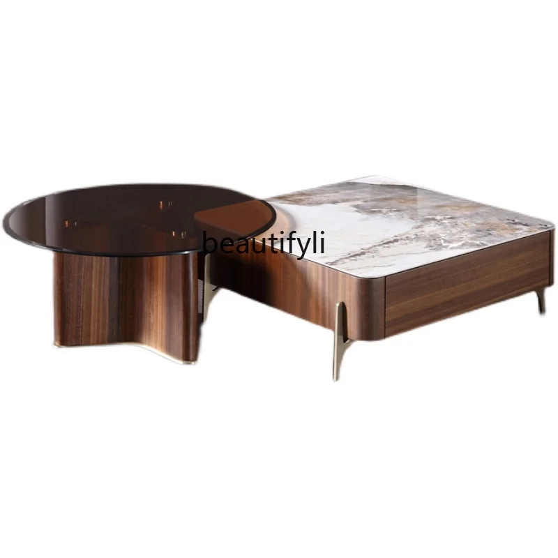 

Square and round Italian Minimalist Stone Plate Coffee Table Square Glass Modern Minimalist Nordic Light Luxury Combination