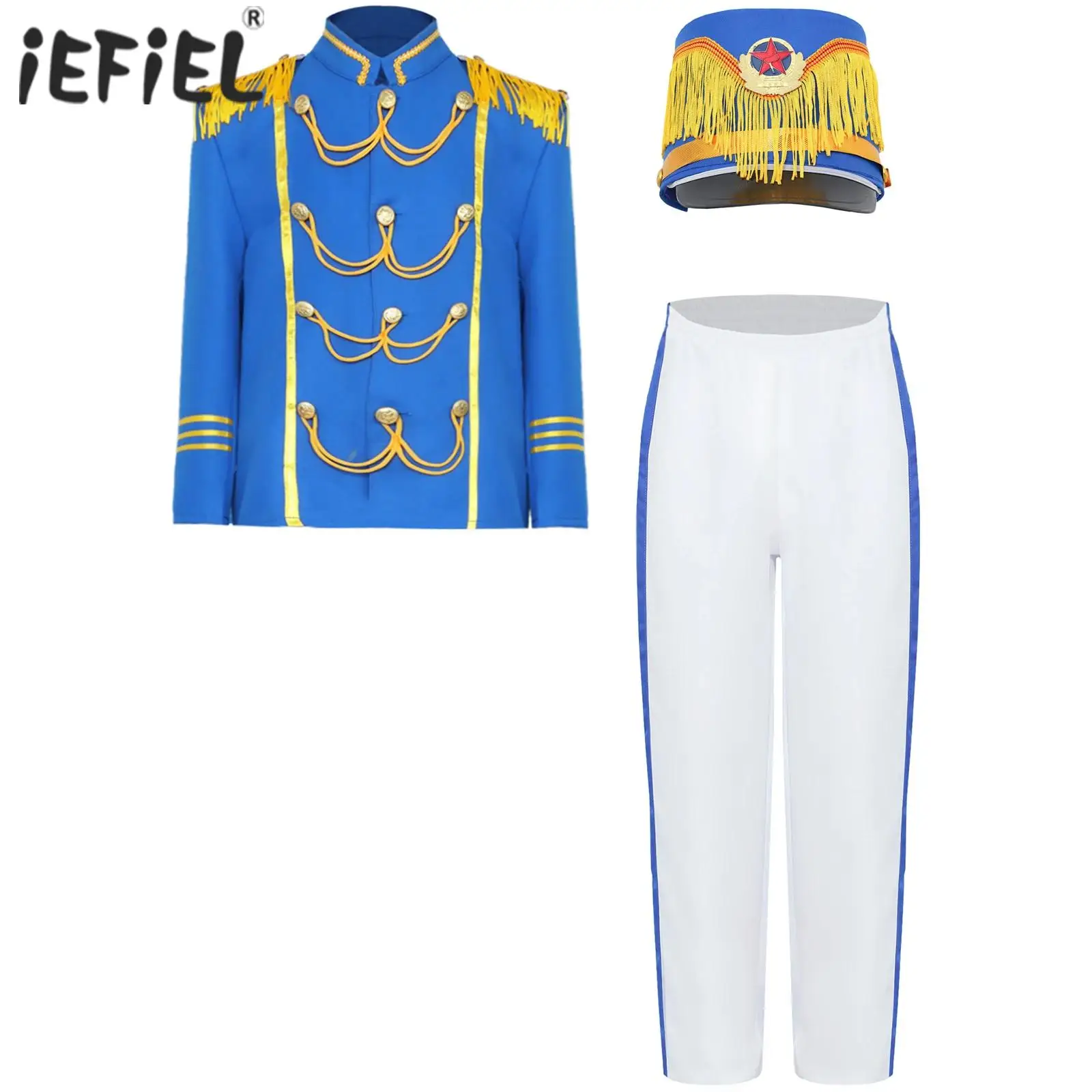 Boys Drum Trumpet Team Costume Kids Honor Guard Uniform Marching Band Major Top with Pants and Cap Set for Stage Performance