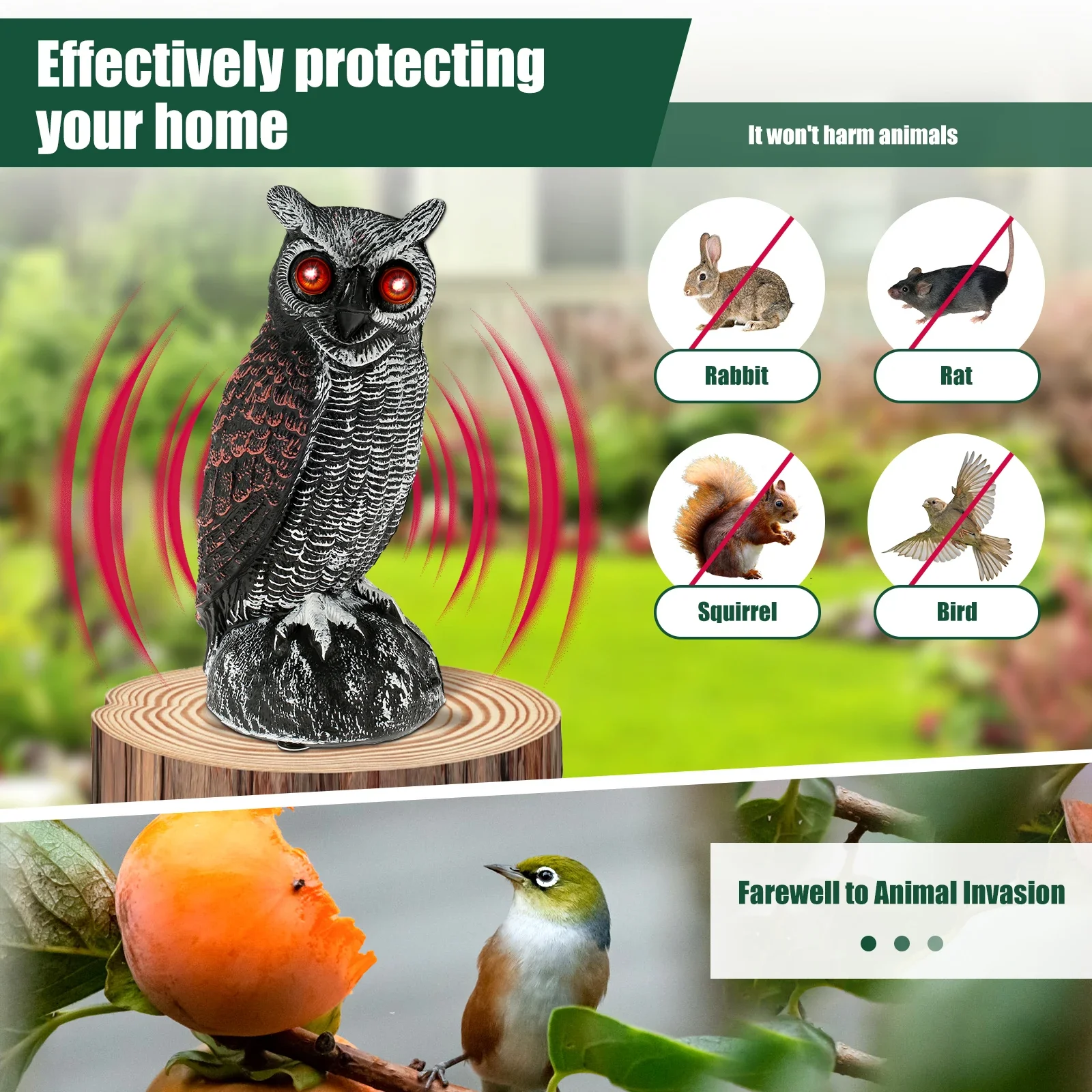 New Solar Owl Scare Bird Control Devices Waterproof Garden Fake Owl Deterrent Decoration With Scary Sound and Eyes Emit Light view 6