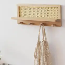 Wooden Rattan Wall Shelf Hangable Boho Shelves Wall Hook Farmhouse Decoration Rustic Organizer Nursery Book Shelves With Hooks