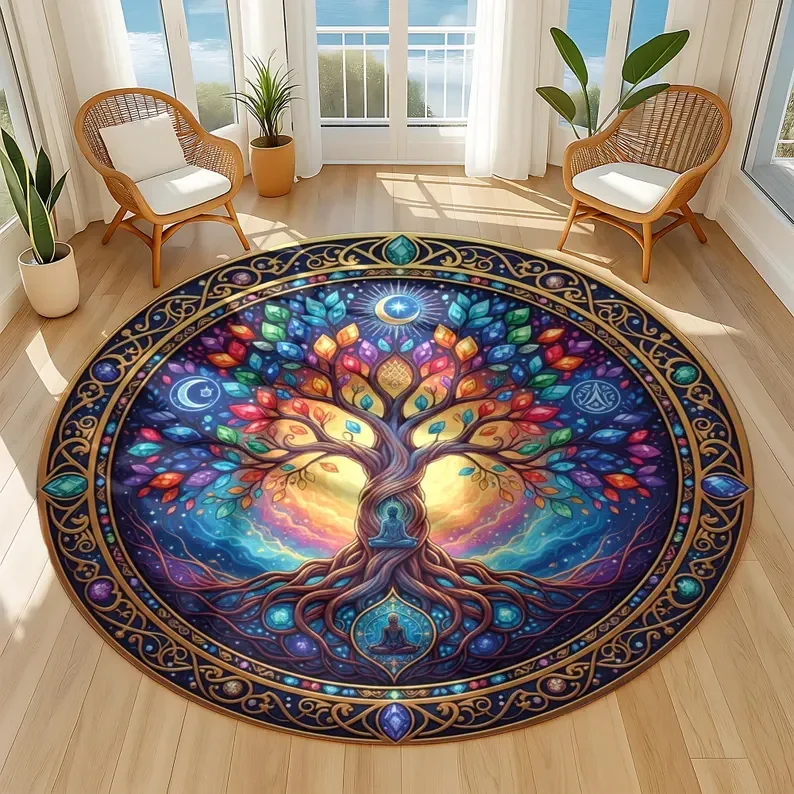 Colorful Chakra Tree Of Life Round Mat Living Room Yoga Space Sofa Floor Mat Coffee Table Meditation Indoor Decor Circle Rug