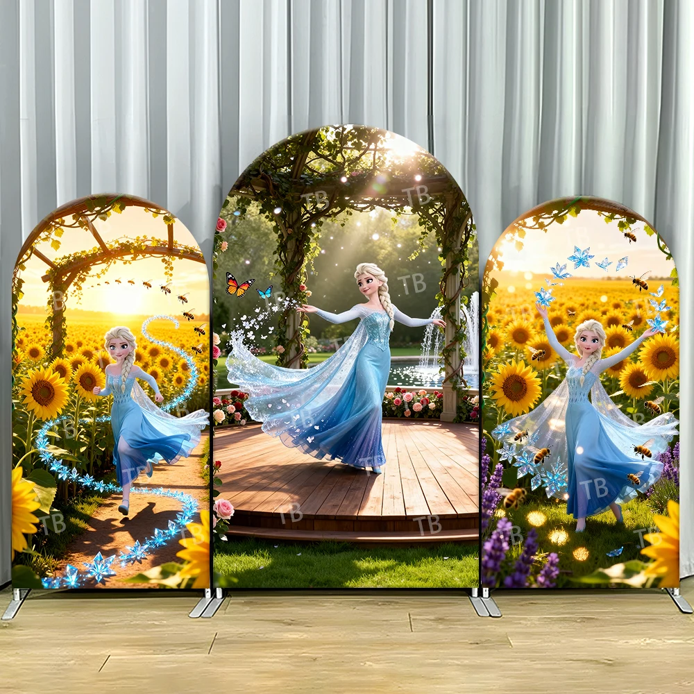 

TB Disney Frozen Princess Elsa Arch Backdrop Cover Sunflower for Girls Birthday Party Baby Shower Decor Photo Background Props