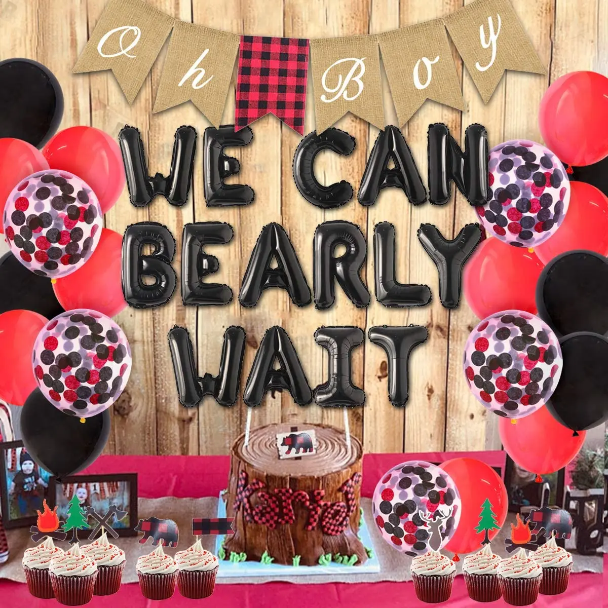 

JOYMEMO Lumberjack Baby Shower Decorations We Can Bearly Wait Balloons Oh Boy Banner Burlap Buffalo Plaid Cupcake Toppers