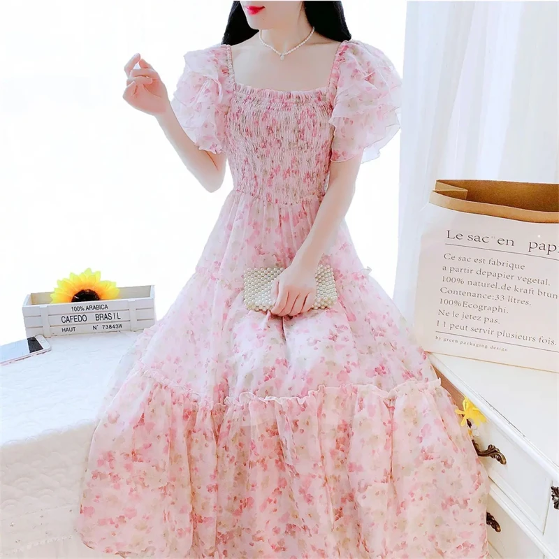 2024 Summer Women Dress Bohemian Floral Pleated Chiffon Dress Vintage Puff Sleeve Printed Draped Midi Beach Dresses Vestidos