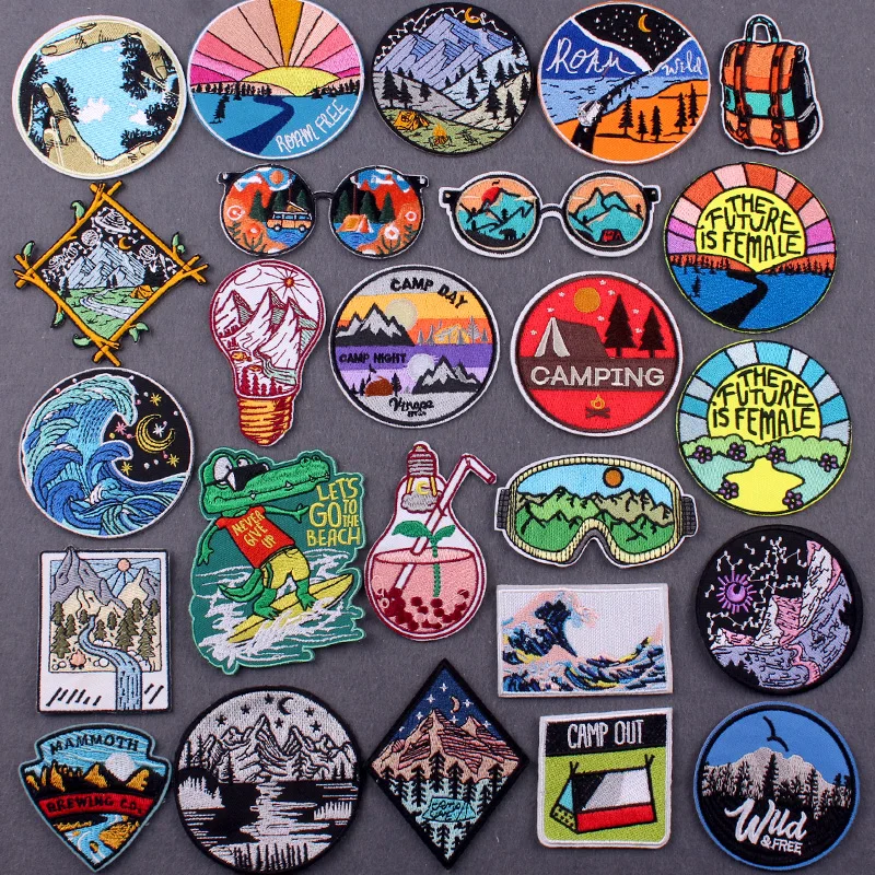 Camping Patch Iron On Patches On Clothes Stripes Vacation Patches For Clothing Stickers DIY Travel Hook Loop Badges On Backpack