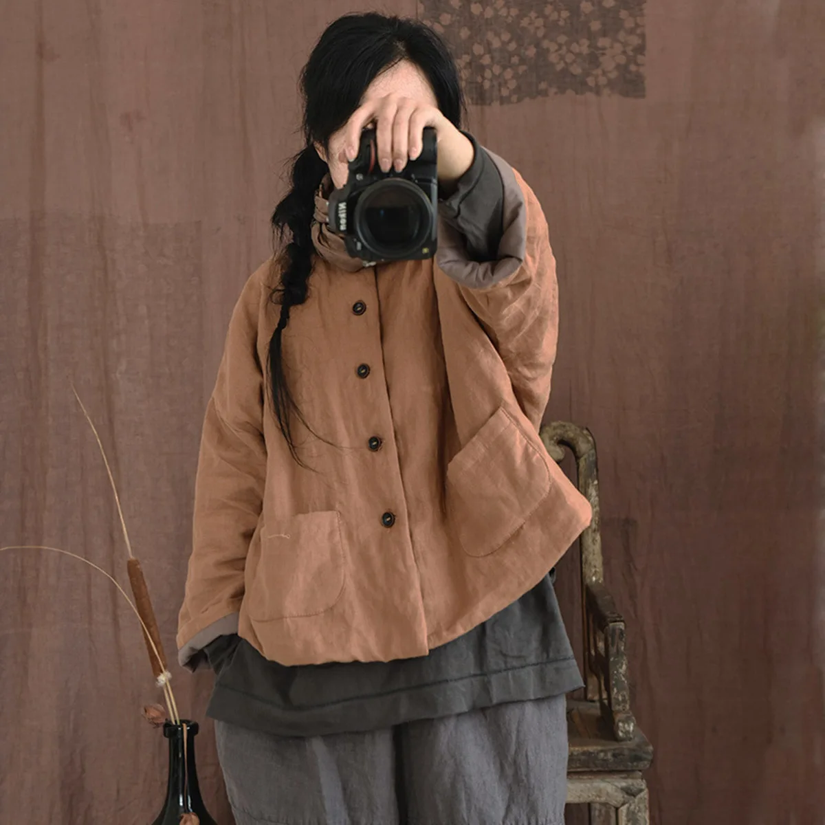 

Women's Lightweight Premium Linen Quilted Jackets Coats Round-Neck Button-up Cardigan Casual loose Short Outwear with Pockets