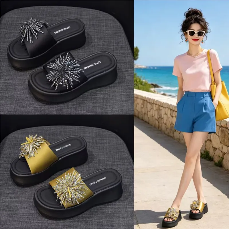 2026 Women's Summer Thick Heel Sandals Outdoor Wear Fairy Style round Head Support Arch Rubber Bottom High Heel Glitter Firework