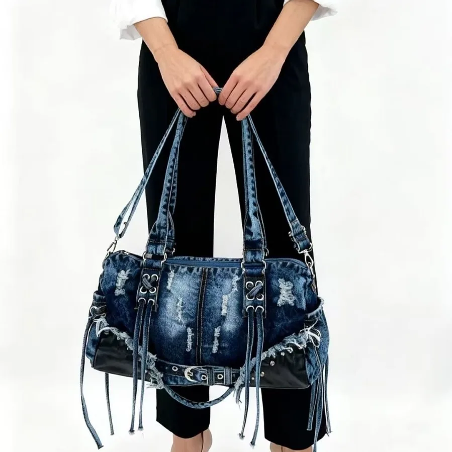 Denim tie-dye women handbag Large capacity Jeans female Shoulder Bag Travel big totes Fashion rivet Ladies crossbody bag blue