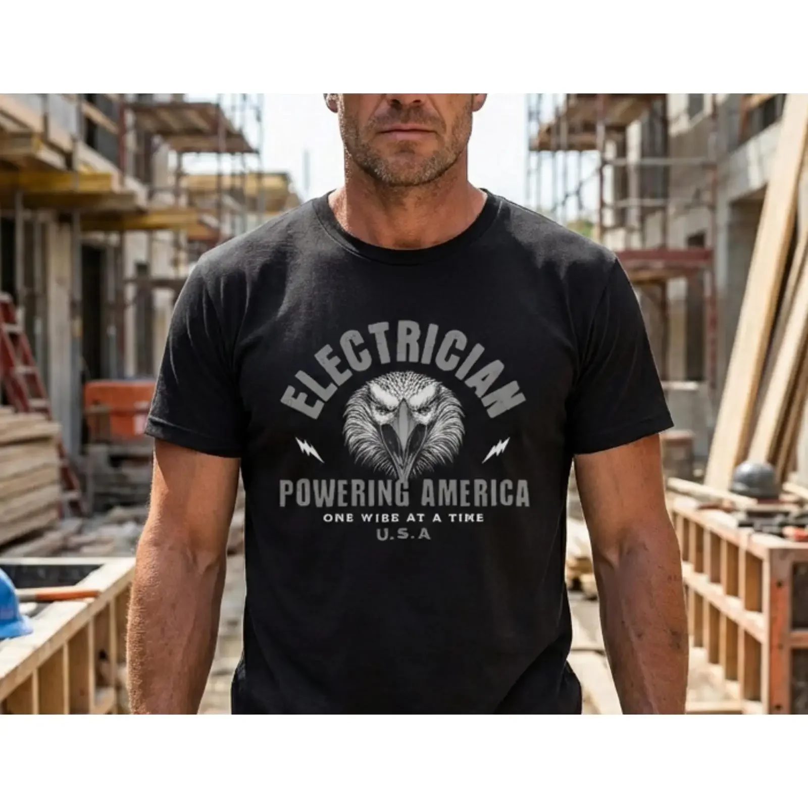 Electrician Grayscale Powering America T Shirt Tradesman for vintage Washed Top For Everyday Wear Soft Stretched Versatile