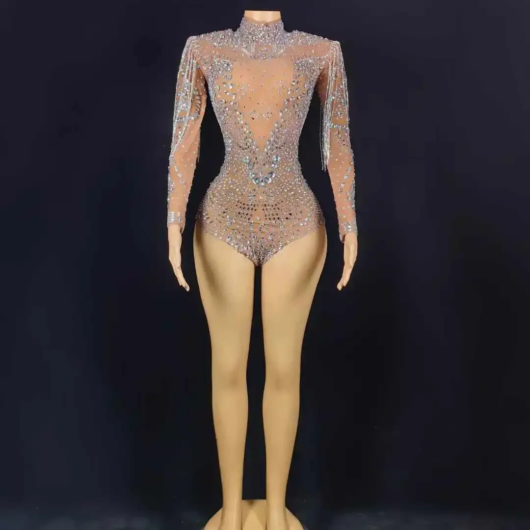 

Women Luxury Shinning Rhinestone Glitter Drill Chain Bodysuits Stretch Dance Costume Drag Queen Leotard