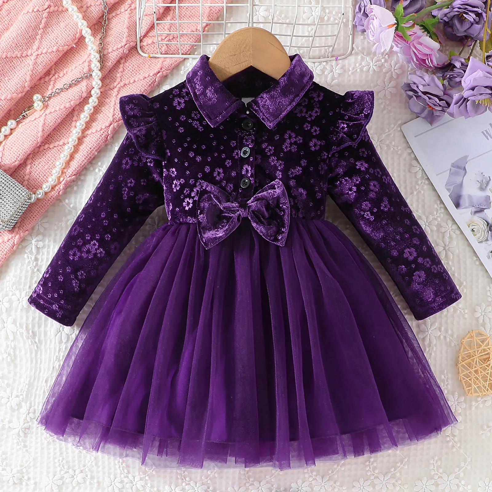 

Baby Winter Dresses Long Sleeve Heart Print Velvet Dress For Girls Turn-Down Collar Bows Princess Dress Newborn Kids Clothes