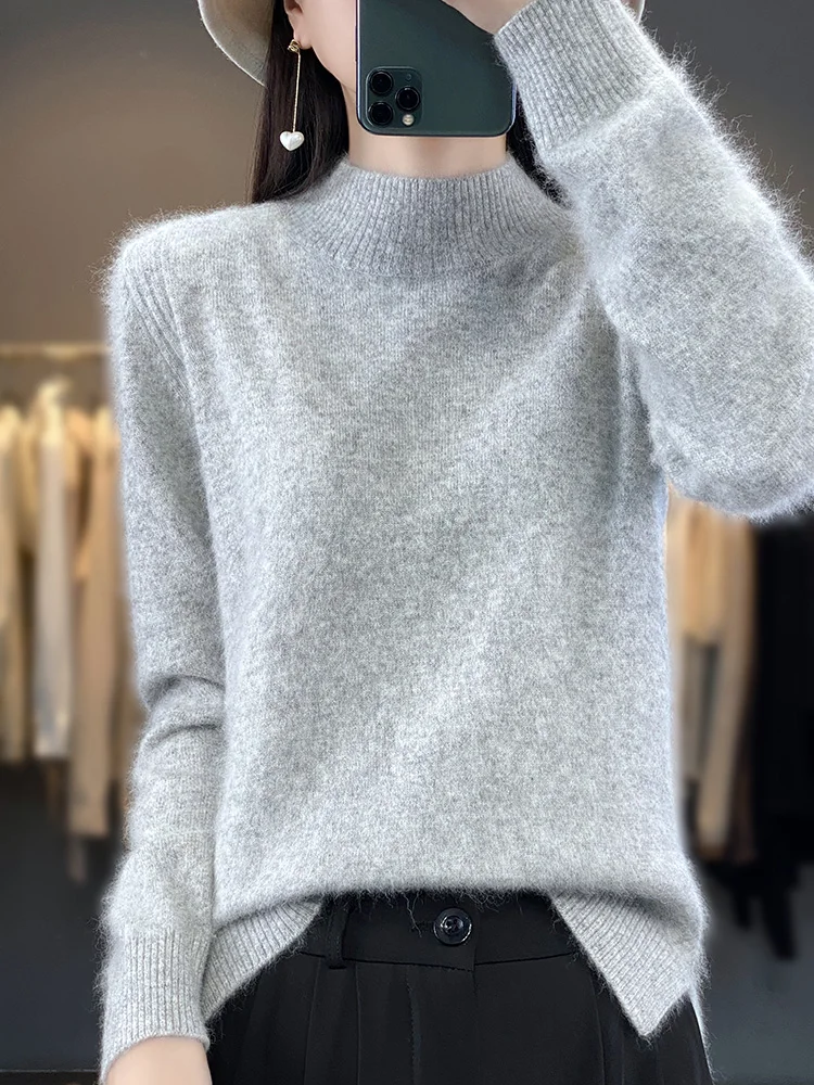 100% Mink Cashmere Sweater Women's Half High Collar Pullover Long Sleeve Cashmere Knitwear Fashion Autumn Winter Female Clothing