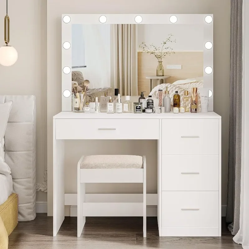 Vanity Table with Large Mirror, Vanity Desk with Chair and 11 LED Lights, Makeup Table with 4 Metal Sliding Drawers & Stool