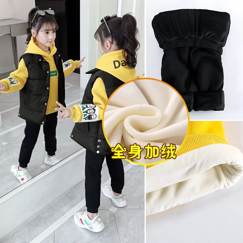 Girls Suit Vest+Sweatshirts +Pants Cotton 3Pcs/Sets 2023 Classic Velvet Warm Winter Autumn Thicken Teenager Outdoor Children Clo